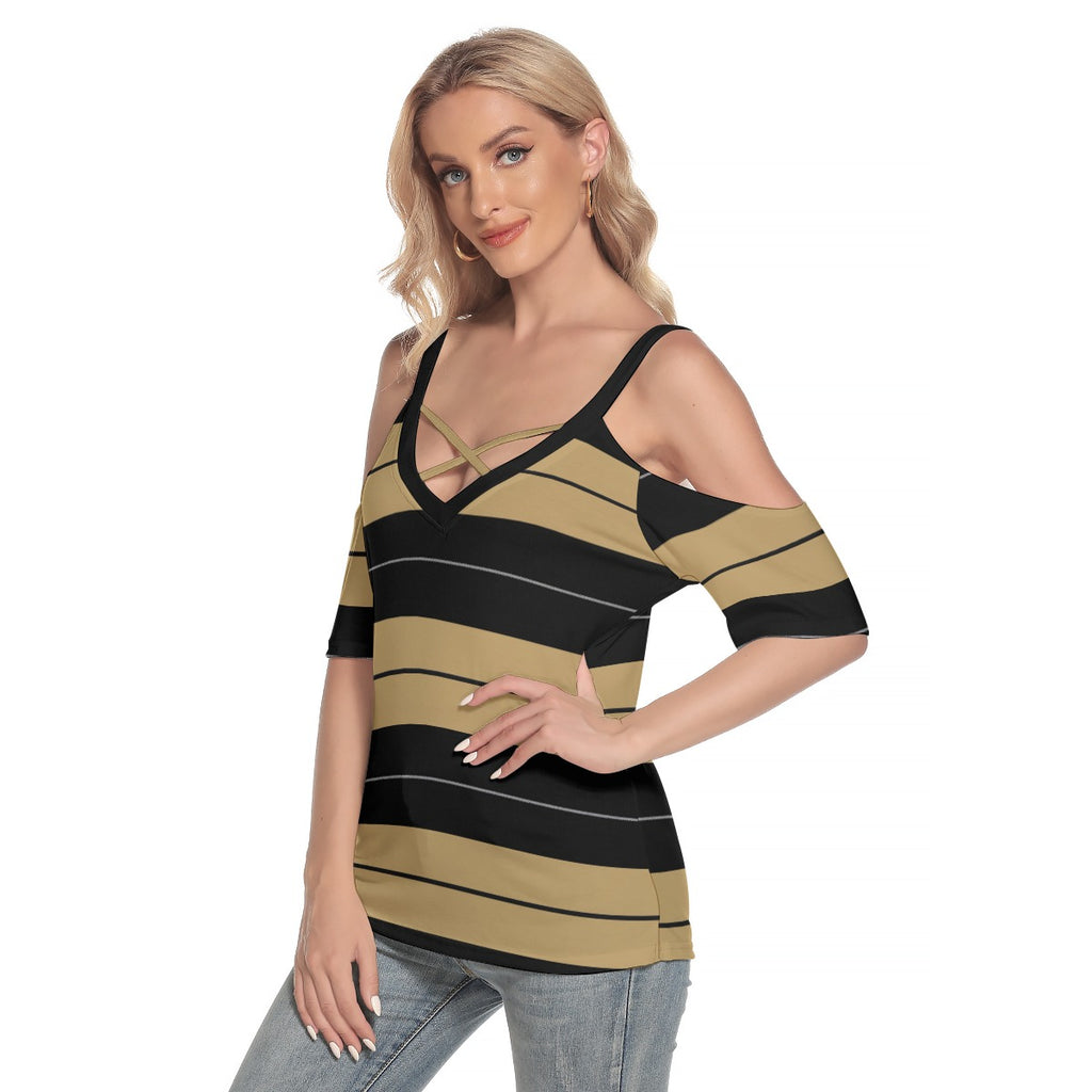 Women's Cold Shoulder T-shirt With Criss Cross Strips