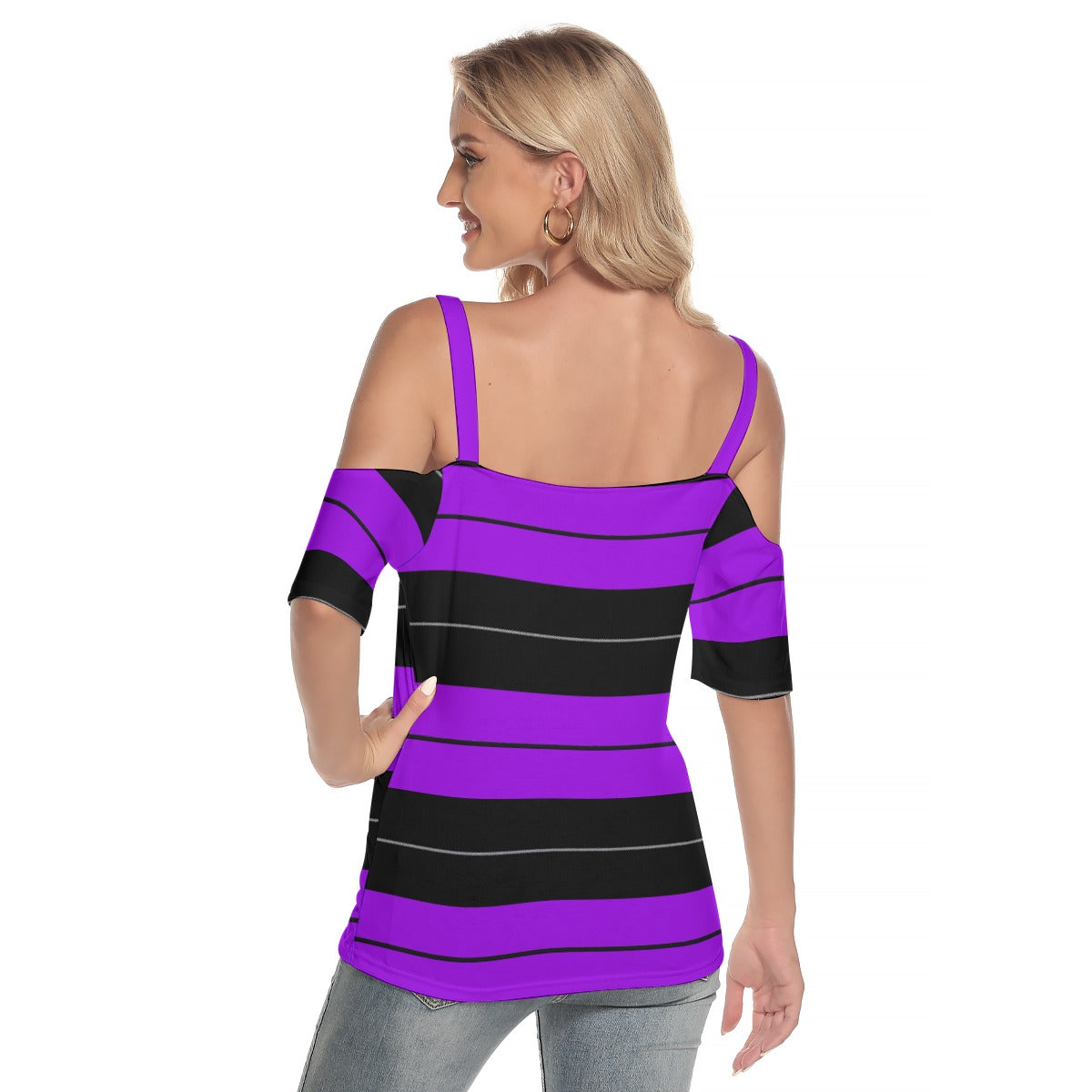 Women's Purple Cold Shoulder T-shirt With Criss Cross Strips