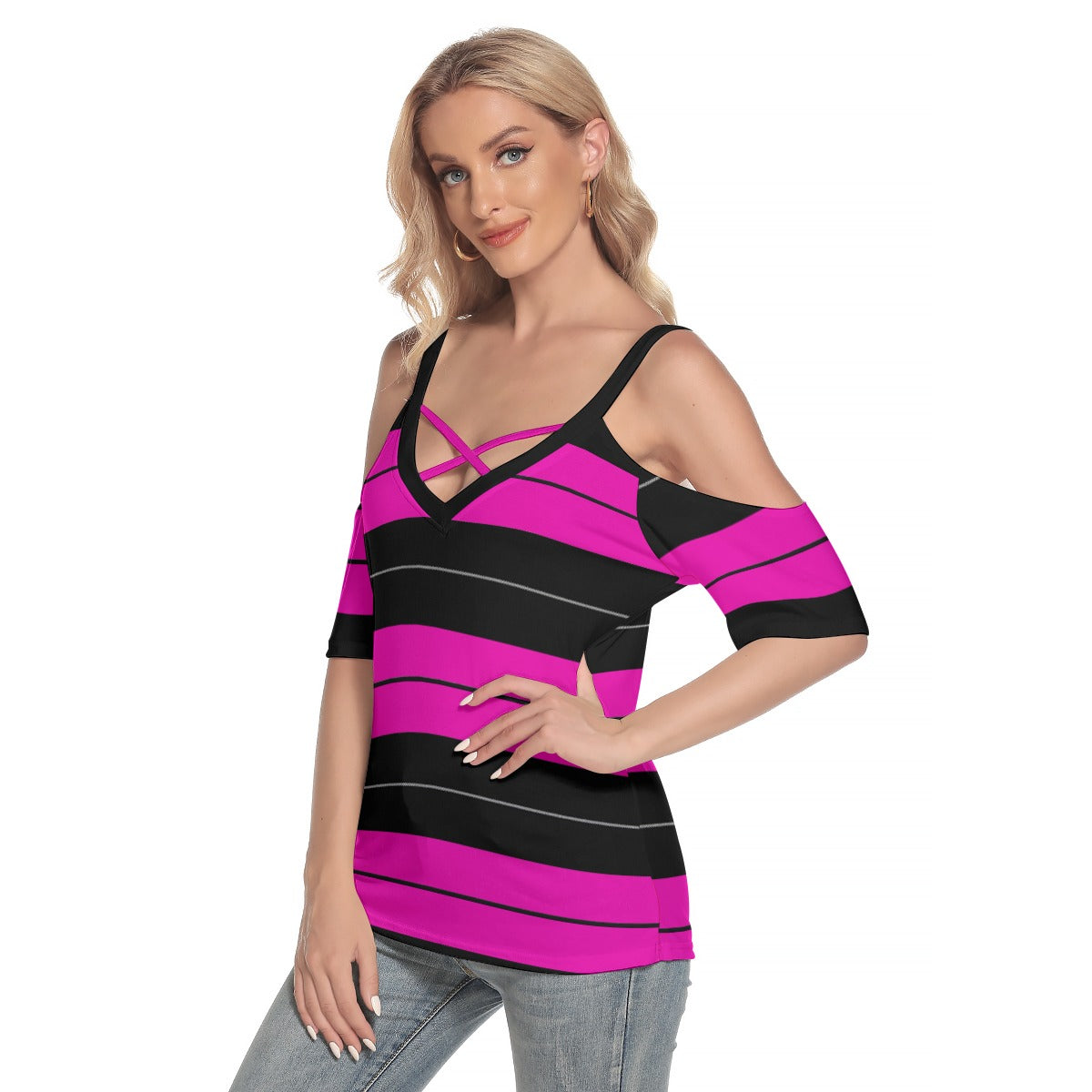 Women's Cold Shoulder T-shirt With Criss Cross Strips