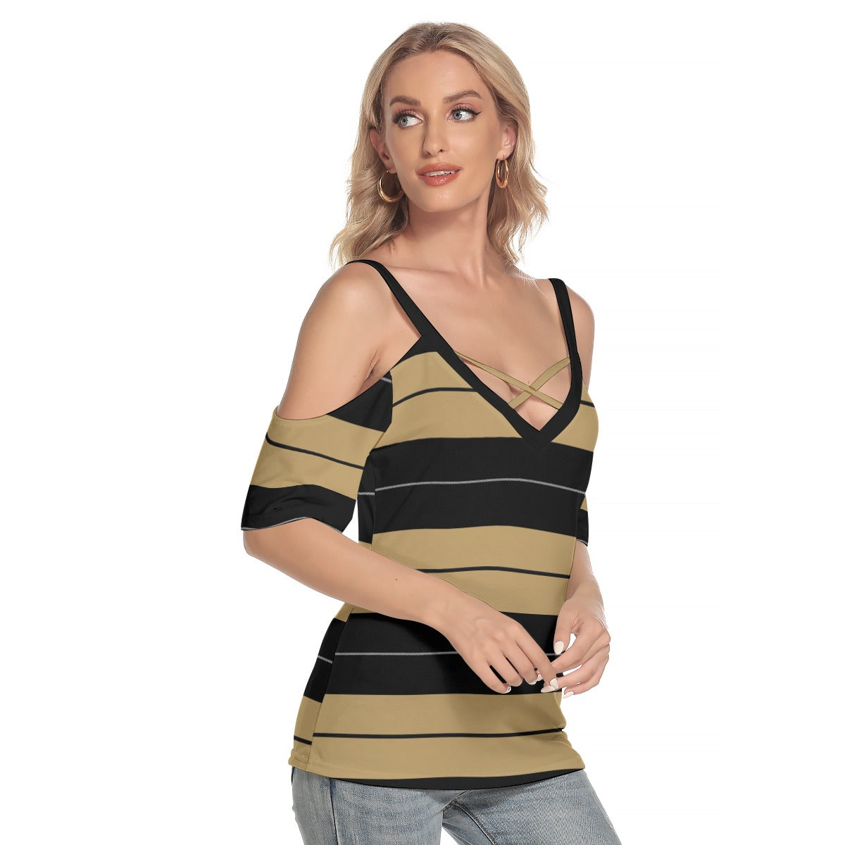 Women's Cold Shoulder T-shirt With Criss Cross Strips