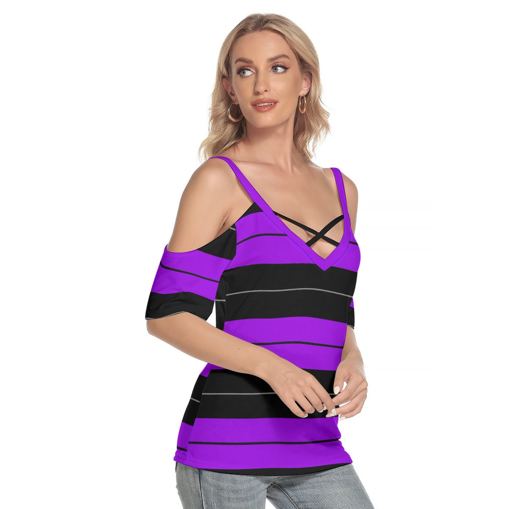 Women's Purple Cold Shoulder T-shirt With Criss Cross Strips