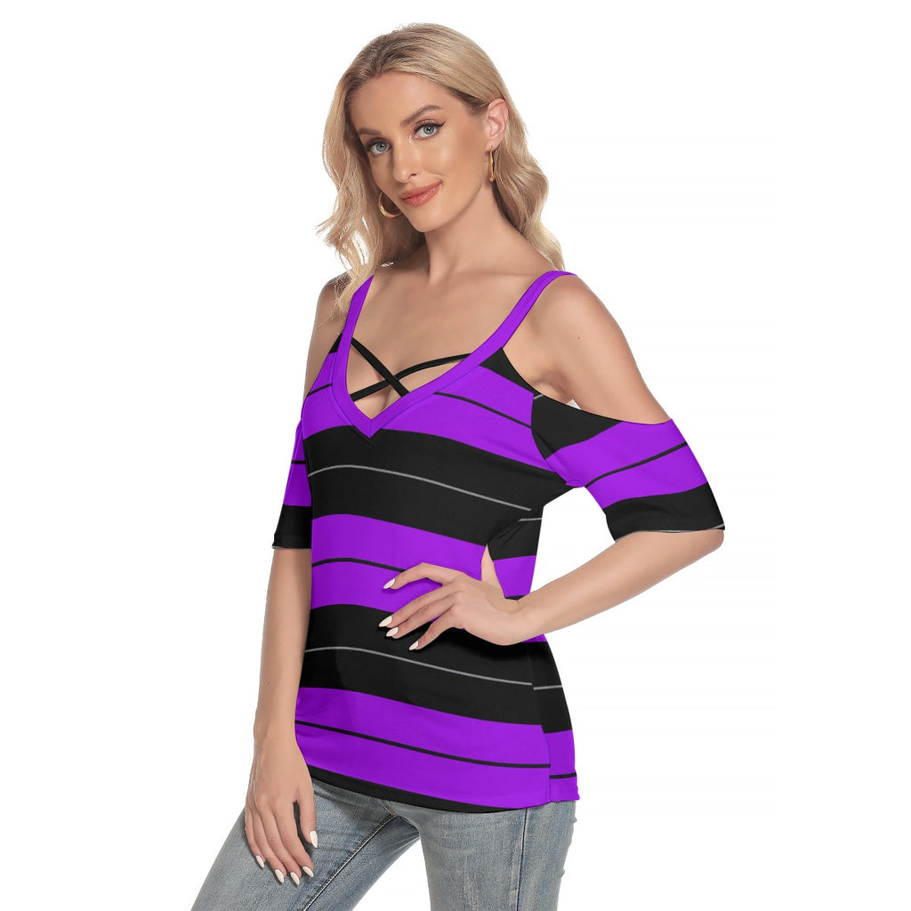 Women's Purple Cold Shoulder T-shirt With Criss Cross Strips